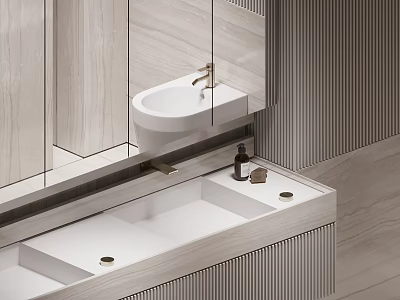 Modern Bathroom Vanity With Floating Sink Brass Faucet And Striped Wooden Wall 3d model