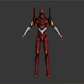 Futuristic Red Mechanical Character With Yellow Accents White Details And Standing Pose