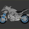Silver Sports Motorcycle With Blue Wheels And Black Seat On Reflective Surface