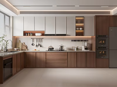 Modern Kitchen Interior With White And Wooden Cabinets Stainless Steel Appliances And Natural Light 3d model