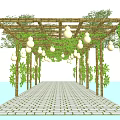 Garden Landscape with Bamboo Pergola Vines Hanging Gourds and Stone Path Under Blue Sky