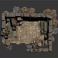 Modern Stone Walled Square Interior Space With Wooden Furniture Clay Pots And Stone Pillars