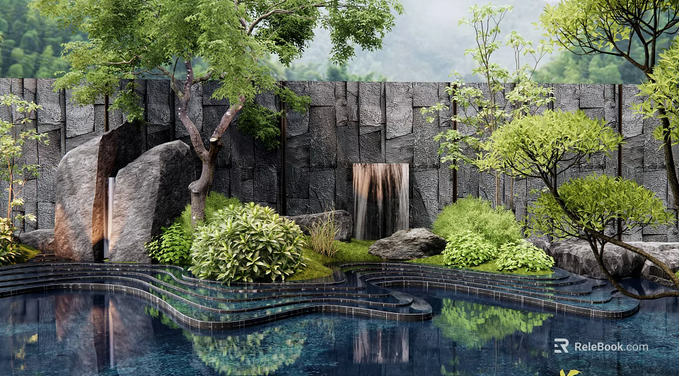 Serene Garden Landscape Features Stone Wall Waterfall Pool and Lush Greenery 3d model 
