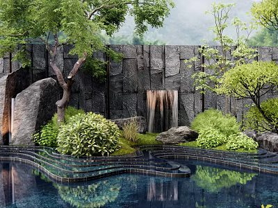 Serene Garden Landscape Features Stone Wall Waterfall Pool and Lush Greenery 3d model