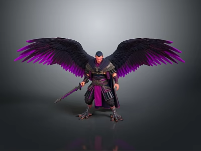 Warrior Character With Spread Purple Black Wings And Sword In Armor 3d model