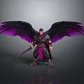 Warrior Character With Spread Purple Black Wings And Sword In Armor