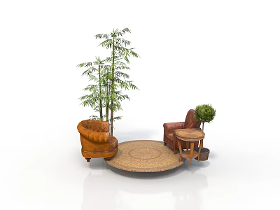 Indoor Relaxation Space With Brown Armchairs Round Woven Rug Bamboo Plant And Side Table 3d model