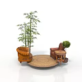 Indoor Relaxation Space With Brown Armchairs Round Woven Rug Bamboo Plant And Side Table