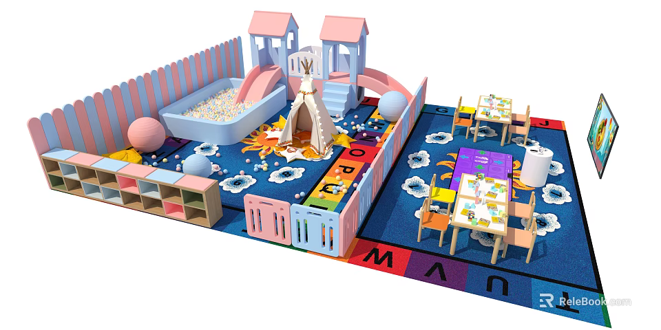 Colorful Children Playroom With Pink Houses Slide Teepee Ball Pit Alphabet Blocks And Chairs 3d model 