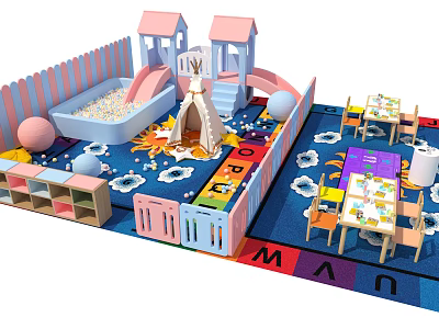 Colorful Children Playroom With Pink Houses Slide Teepee Ball Pit Alphabet Blocks And Chairs 3d model