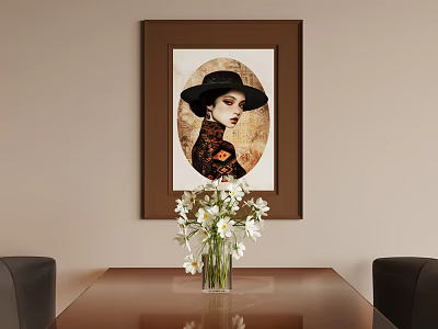 Abstract Portrait Painting Framed On Wall With Table Vase And White Flowers 3d model