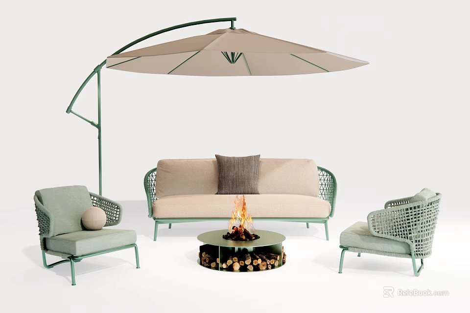 Outdoor Sofa Set With Beige Cushions Green Wicker Chairs Arched Umbrella And Fire Pit 3d model 