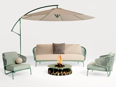 Outdoor Sofa Set With Beige Cushions Green Wicker Chairs Arched Umbrella And Fire Pit 3d model