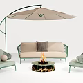 Outdoor Sofa Set With Beige Cushions Green Wicker Chairs Arched Umbrella And Fire Pit