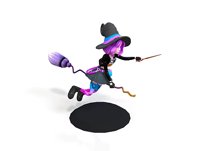 Witch Character Riding Broomstick Holding Magic Wand Black Hat Colorful Pants 3d model