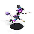 Witch Character Riding Broomstick Holding Magic Wand Black Hat Colorful Pants