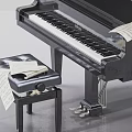 Elegant Black Grand Piano Musical Instruments With Piano Stool And Sheet Music