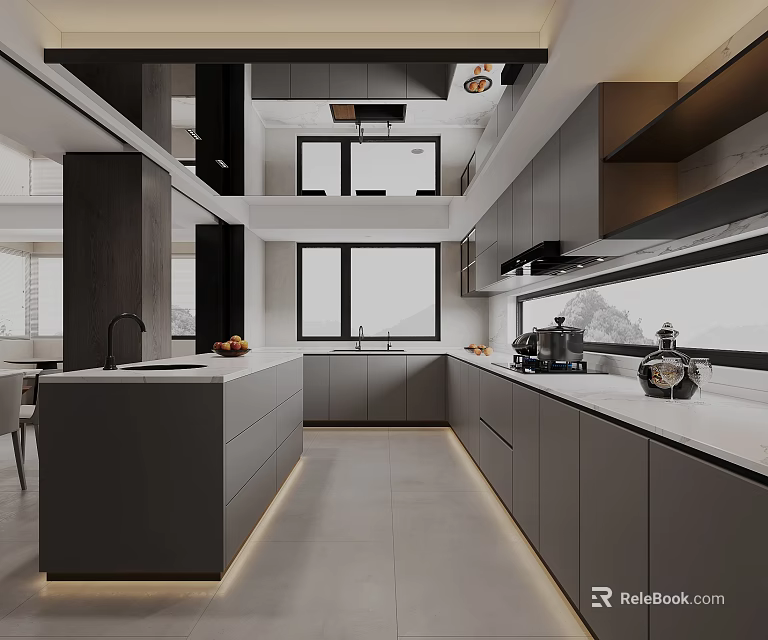 Modern Restaurant Interior With Open Kitchen Island Counter Cabinets And Windows 3d model 