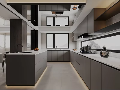 Modern Restaurant Interior With Open Kitchen Island Counter Cabinets And Windows 3d model