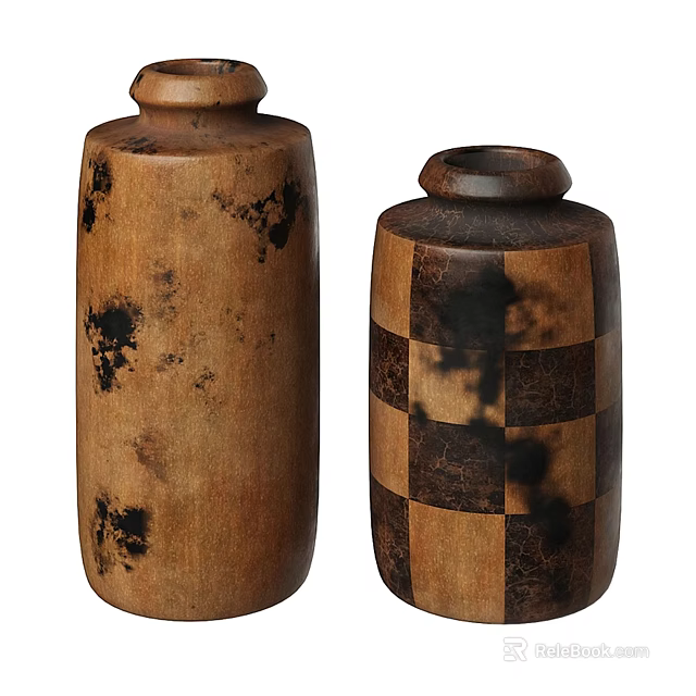 Decorative Ceramic Vases With Wooden Texture Black Spots And Checkerboard Pattern 3d model