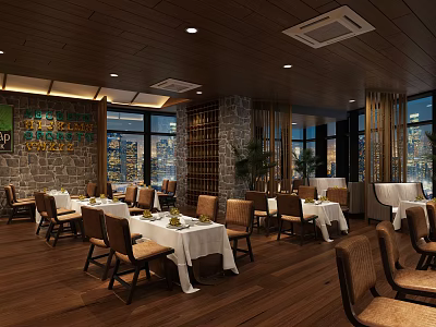 Stylish Restaurant Interior With Wooden Flooring Dining Tables White Tablecloths And City View Windows 3d model