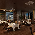 Stylish Restaurant Interior With Wooden Flooring Dining Tables White Tablecloths And City View Windows