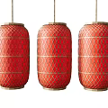 Three Red Lantern Shaped Pendant Lights With Golden Grid Hanging Design 3d model
