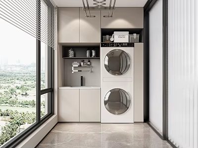 Minimalist Home Balcony With Washing Machine Dryer Floor to Ceiling Window and Storage Cabinets 3d model