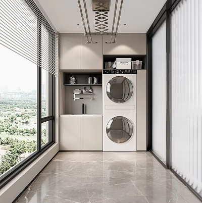 Minimalist Home Balcony With Washing Machine Dryer Floor to Ceiling Window and Storage Cabinets 3d model