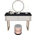 Elegant Modern Dressing Table With Round Mirror Black Top White Drawers and Matching Stool 3d model
