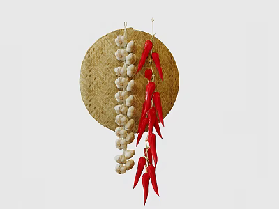 Garden Decor With Circular Wooden Board Hanging Garlic And Red Chili Strings 3d model