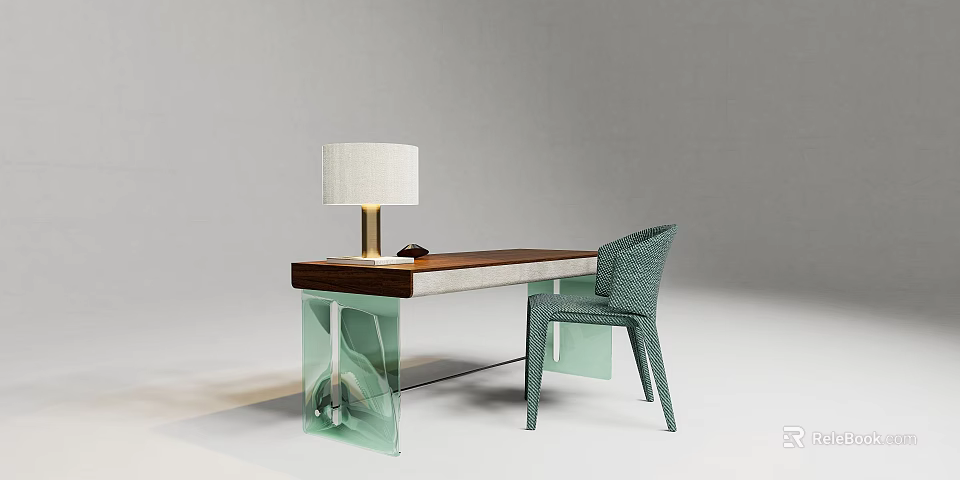 Modern Wooden Desk With Transparent Glass Legs White Lampshade And Green Woven Chair 3d model 