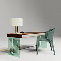 Modern Wooden Desk With Transparent Glass Legs White Lampshade And Green Woven Chair