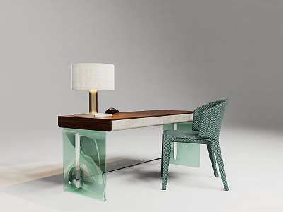 Modern Wooden Desk With Transparent Glass Legs White Lampshade And Green Woven Chair 3d model