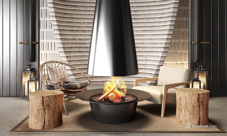 Rustic Living Room Sofa And Coffee Table Set With Fireplace Striped Wall And Woven Chairs 3d model 