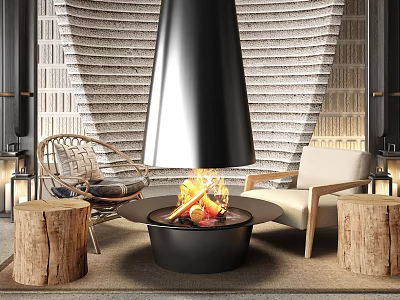 Rustic Living Room Sofa And Coffee Table Set With Fireplace Striped Wall And Woven Chairs 3d model