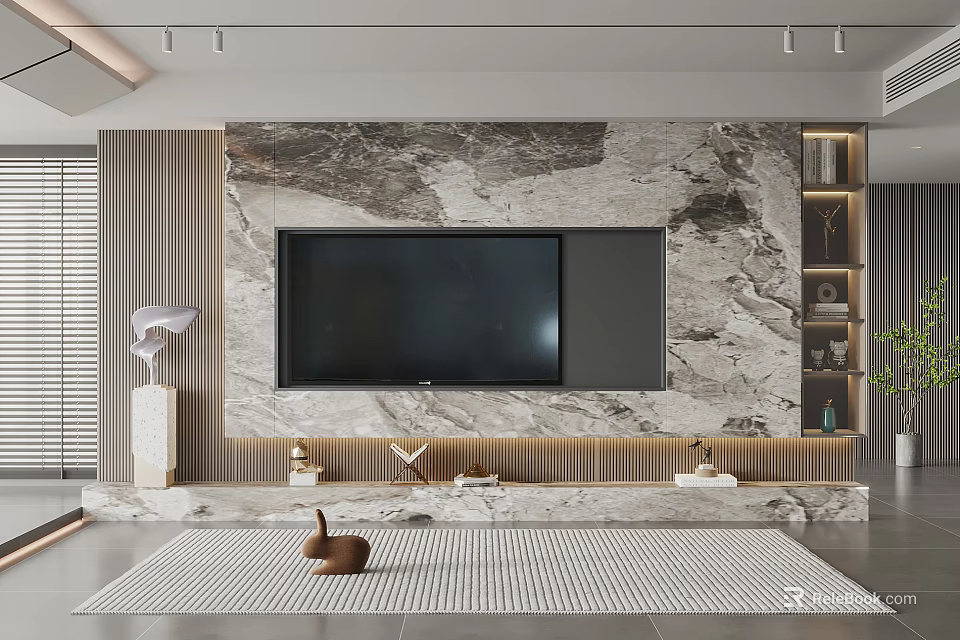 Modern TV Wall Design with Marble Panel LED Lighting and Floating Shelves 3d model