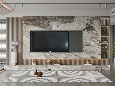 Modern TV Wall Design with Marble Panel LED Lighting and Floating Shelves 3d model