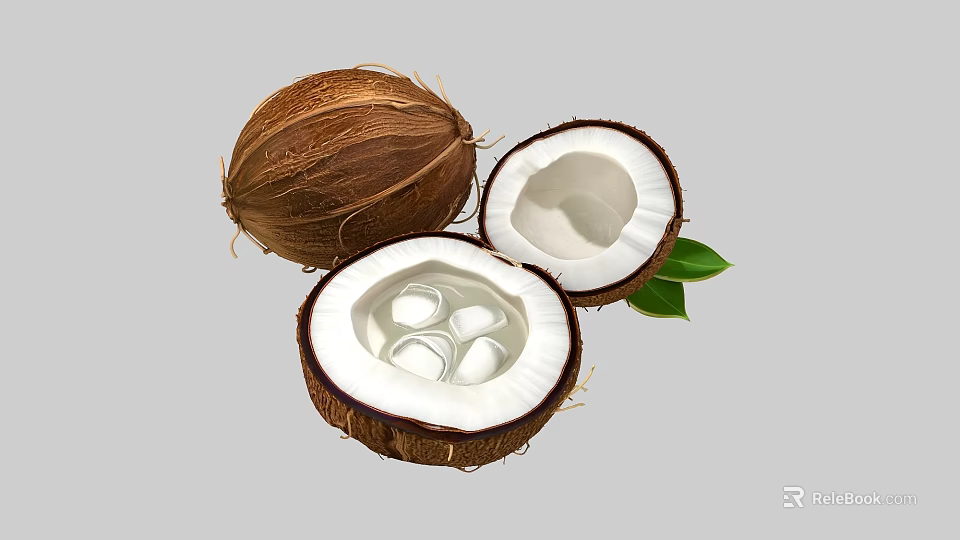Fresh Coconut With Whole And Halved Sections White Meat Clear Water And Green Leaves 3d model 
