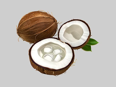 Fresh Coconut With Whole And Halved Sections White Meat Clear Water And Green Leaves 3d model