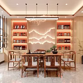 Specialty Store Interior With Wooden Walls Shelves Displayed Products Table Chairs Marble Counter Hanging Lights