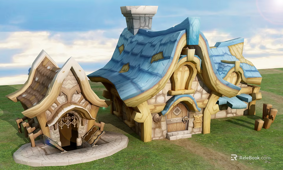 Cartoon Fairy Tale Houses With Colorful Roofs And Wooden Structures On Green Grass 3d model 