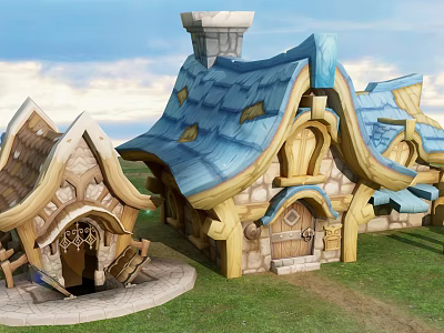 Cartoon Fairy Tale Houses With Colorful Roofs And Wooden Structures On Green Grass 3d model