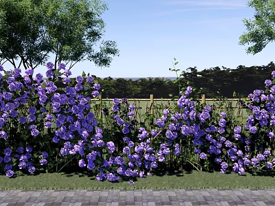 Vibrant Purple Flower Bushes With Lush Trees Fence And Blue Sky Background 3d model
