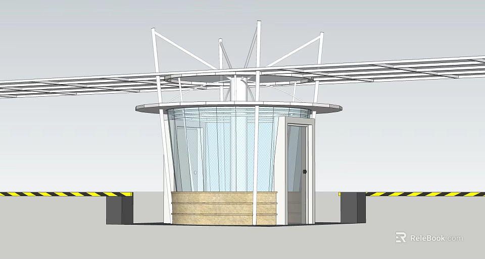 Modern Glass Booth Design With Metal Frame White Canopy And Entrance Door 3d model 