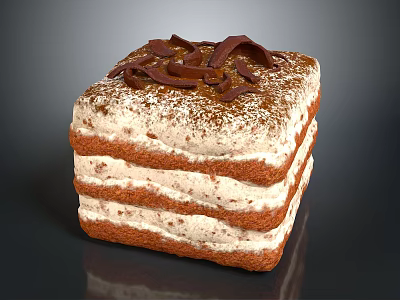 Layered Square Shaped Cake With Cream Layers Chocolate Shavings And Cocoa Powder 3d model