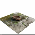 Handmade Rustic Wicker Basket Placed On Outdoor Moss Covered Stone Path