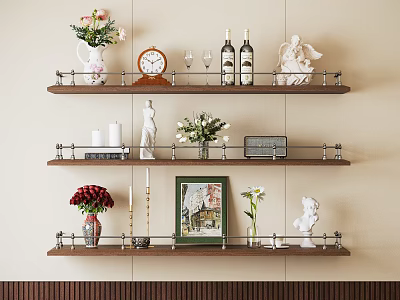 Curated Decorative Ornament Arrangement on Wall Shelves With Vases Statues Clock Photo Frame Candle Holders and Wine Bottles 3d model