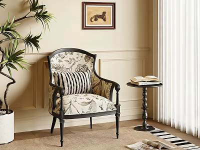 Vintage Accent Chair With Floral Upholstery Black Arms And Side Table By Green Plant 3d model