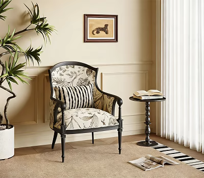 Vintage Accent Chair With Floral Upholstery Black Arms And Side Table By Green Plant 3d model